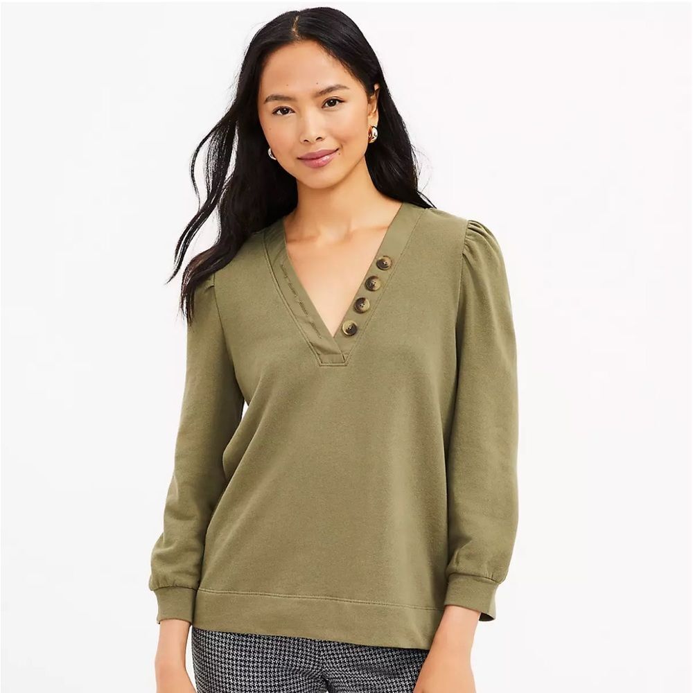 Sz S Loft Lightweight Puff Sleeve Sweatshirt W Faux Buttons 20.5“ P2p